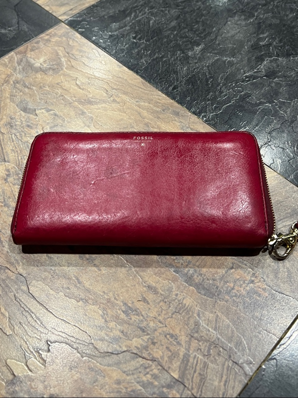 Fossil Burgundy Zip-Around Leather Wristlet Wallet